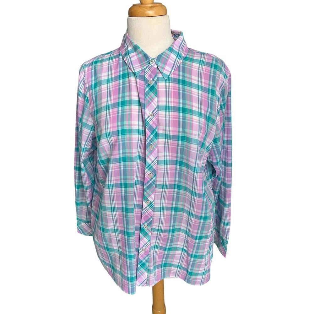 Talbots Plaid Button Front Shirt Cotton Pastel Lightweight Casual Petite XL